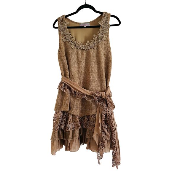 PRETTY ANGEL Knit Crochet Lace Layered Lagenlook Fairycore Mini Dress Sash Sz M - Picture 2 of 7